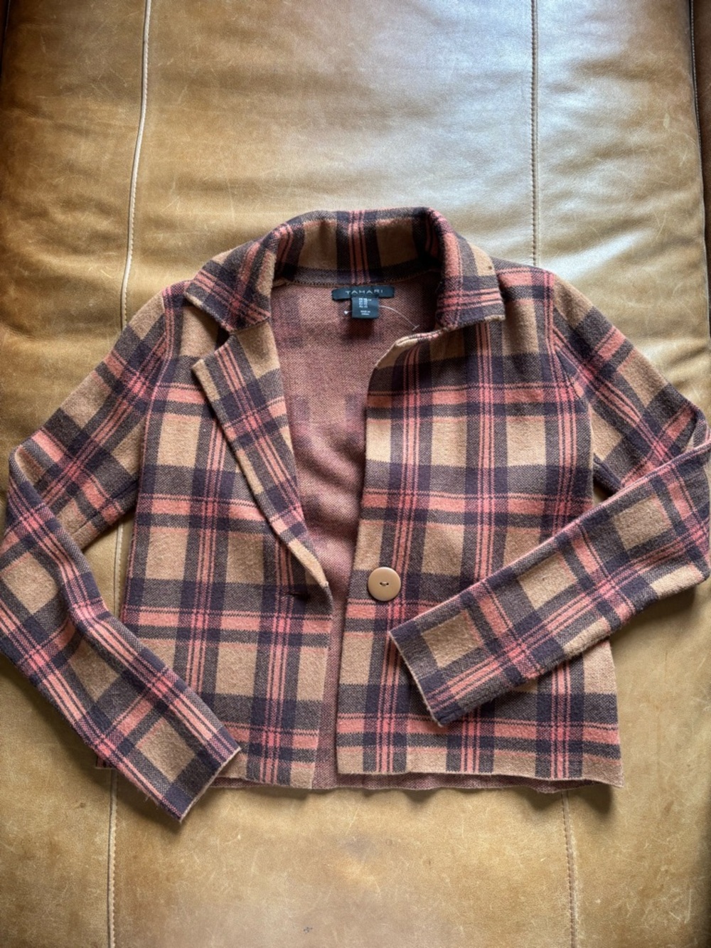 Tahari Plaid Cropped Blazer in Brown and Rust